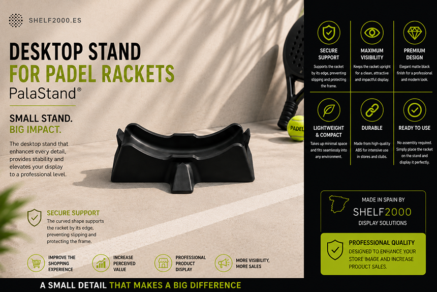 Infographic showing the PalaStand desktop padel racket display stand made from durable ABS, highlighting its secure support, maximum visibility, premium design and applications for padel shops, clubs, retail counters and professional displays.